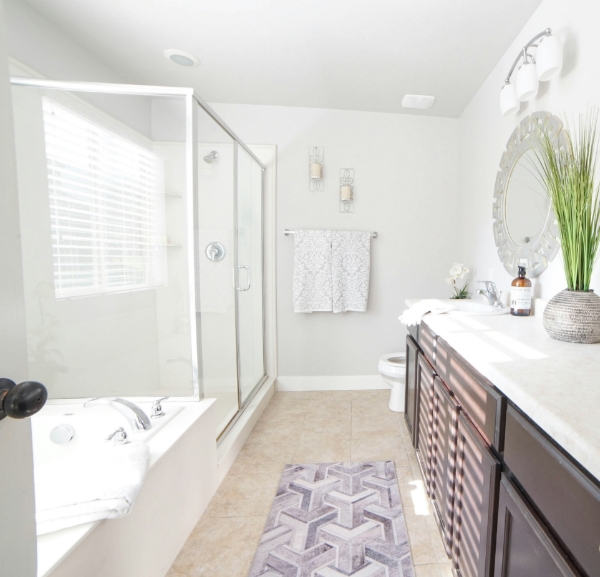 A tidy bathroom showcasing a generous shower area and a large mirror, emphasizing a fresh and contemporary aesthetic.
